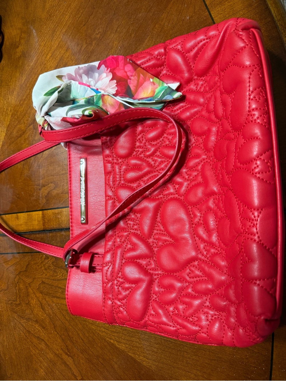 Betsey Johnson Red Quilted Heart Tote with Floral Scarf Accent